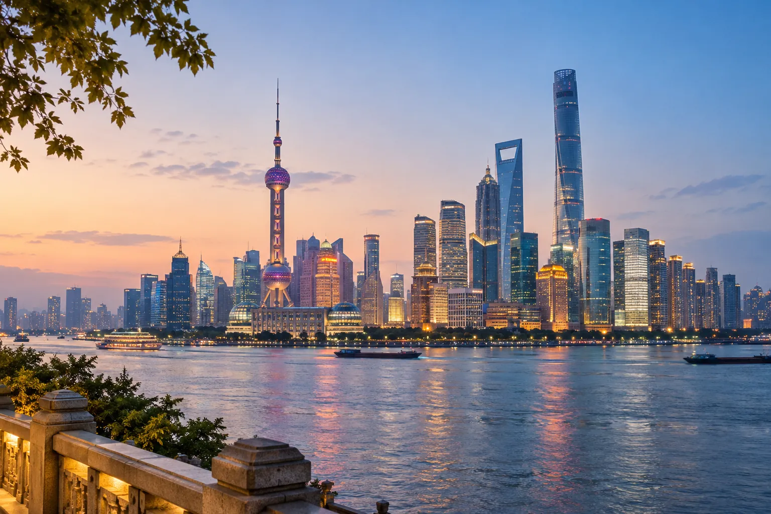 An illustrative view across Shanghai's Huangpu River toward the skyline at dusk.